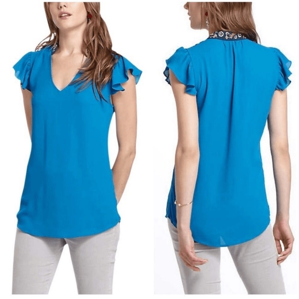Anthropologie HD in Paris Flutter Sleeve Embroidered Collar Blue Top